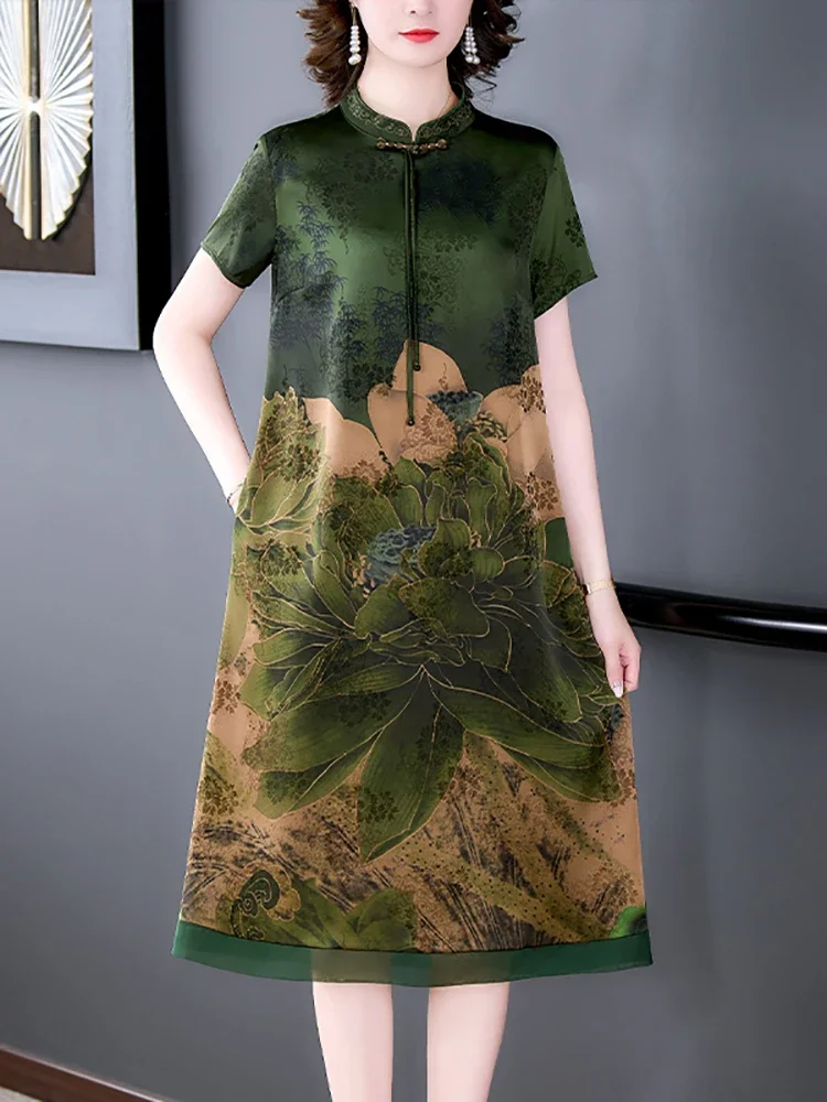

Женское платье средней длины с коротким рукавом, зеленое шелковое платье с цветочным принтом, Элегантное повседневное официальное платье свободного кроя с поясом, винтажные шикарные платья в Корейском стиле, лето 2024