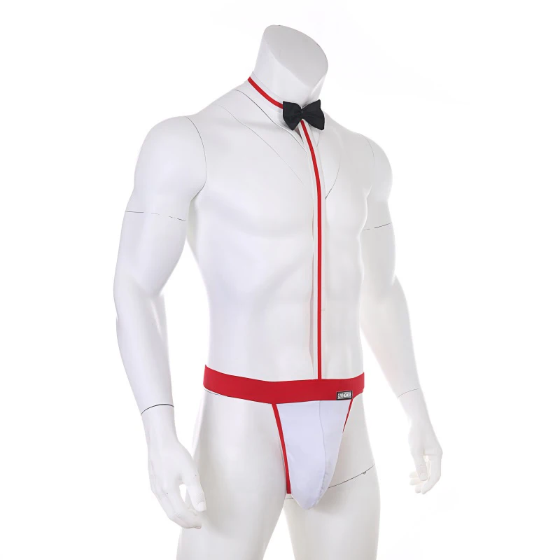 Men Mankini Underwear Bow Tie Waiter Costume Bodysuit One-piece Lingerie Thong G String