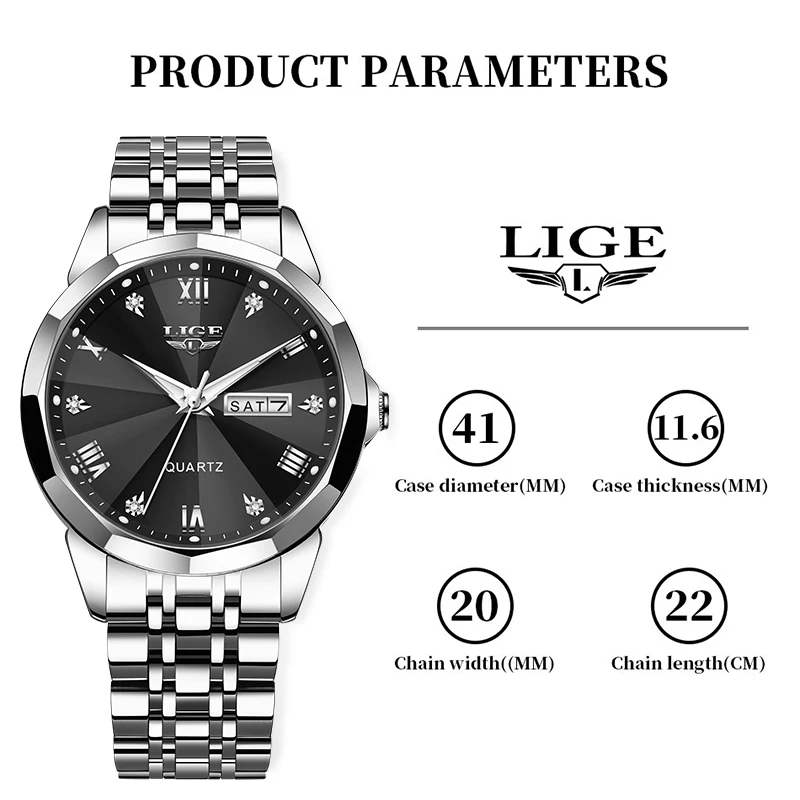 LIGE Fashion Luxury Men's Watches Stainless Steel Band Business Quartz Watch for Men Waterproof Luminous Pointer Week Date Clock