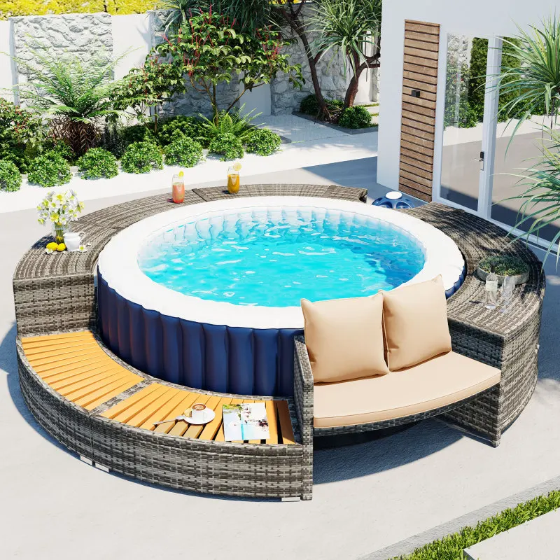 Spa pool, garden furniture set, pool surround, PE grey rattan and wood, with storage space, lounge set, for whirlpool and pool