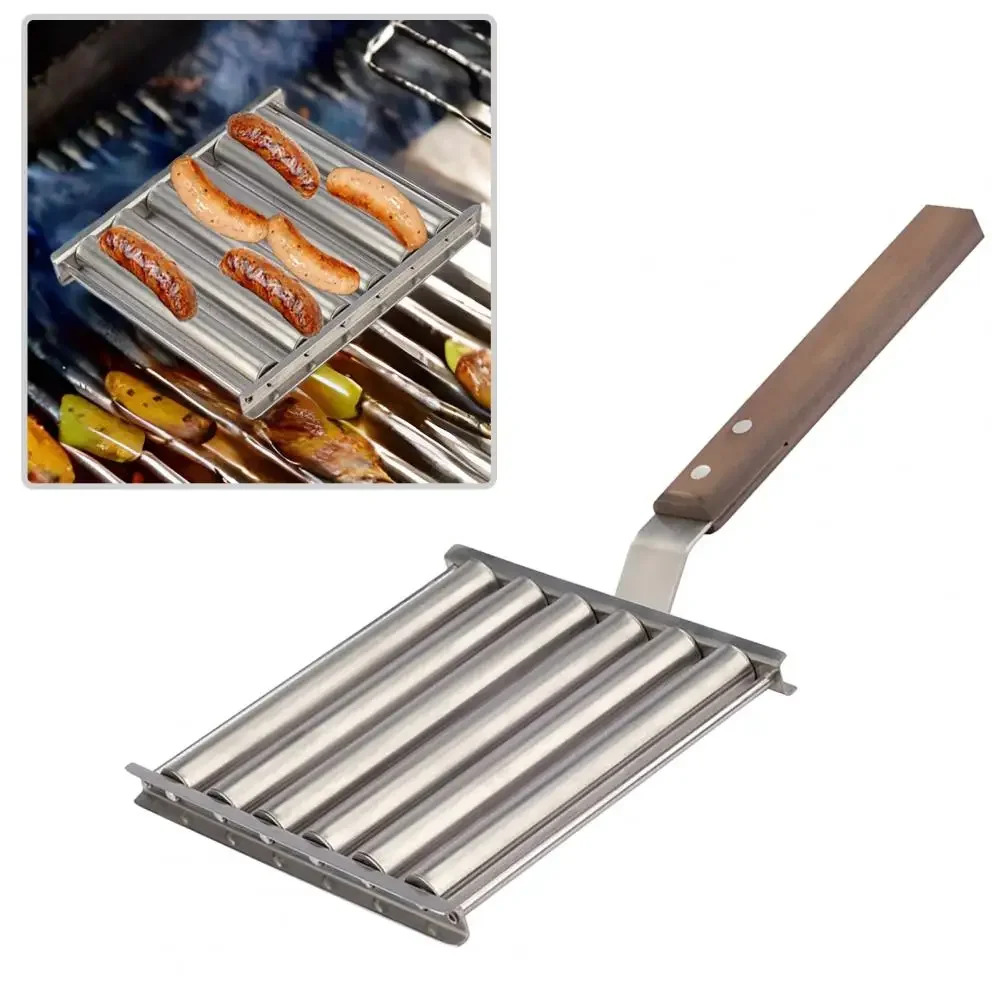 

Rack With Long Grilling Dog Sausage Steel Extra Roller Stainless Grade Hot 5 Wood Handle Food Capacity