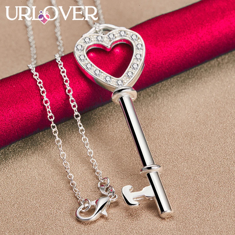 

URLOVER 925 Sterling Silver Necklace For Woman Zircon Crystal Heart Key Pendant Necklaces Party Wedding Valentines Jewelry Gifts