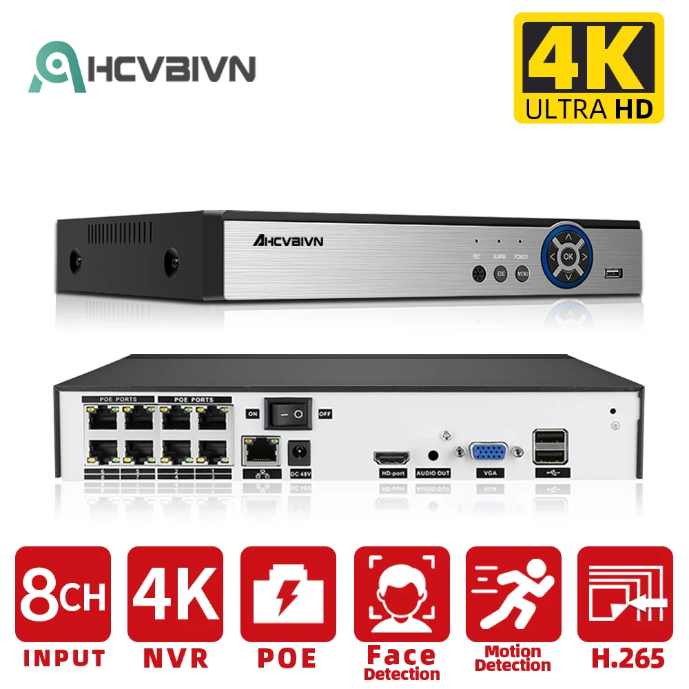 

8ch 4K NVR Face Recognition 8MP Day Night Vision Network Video Recorder 24/7 Recording IP Camera HD 8CH Alarm P2P POE NVR System