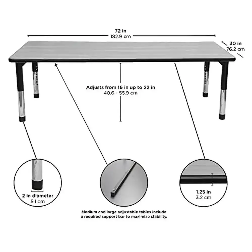 Adjustable Blue-Gray 30" x 72" Kids Table Sleek Chrome Legs Waterproof T-Molded Banding Dry-Erase Compatible Top AGES 2-12