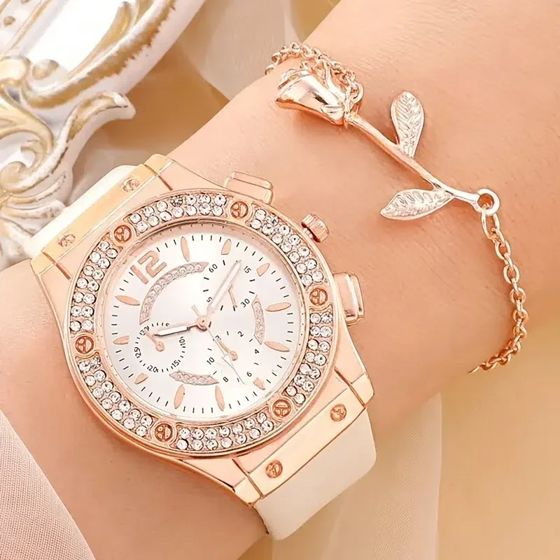 Elegant Women's Starry Diamond Dial Bracelet & Leather Band Watch Set