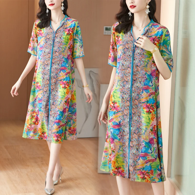 

Elegant Casual Printed Silk Short Sleeve Sundress Summer Retro Large Size Loose Slim Dress Ladies Skinny Party Vestidos