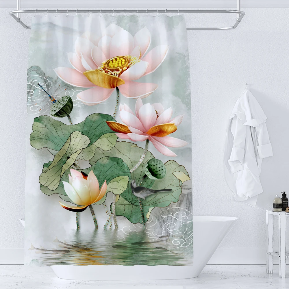 

Watercolor Flower lotus Plant Shower Curtains Waterproof Polyester Fabric Home Bathroom Decoration Accessories Bathtud Curtain