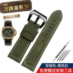 Vintage Frosted Matte Brown - Blue Genuine Leather Watchband - Men's Wrist Strap Bracelet (22mm, 24mm, 26mm) - 22mm (Army Green black)