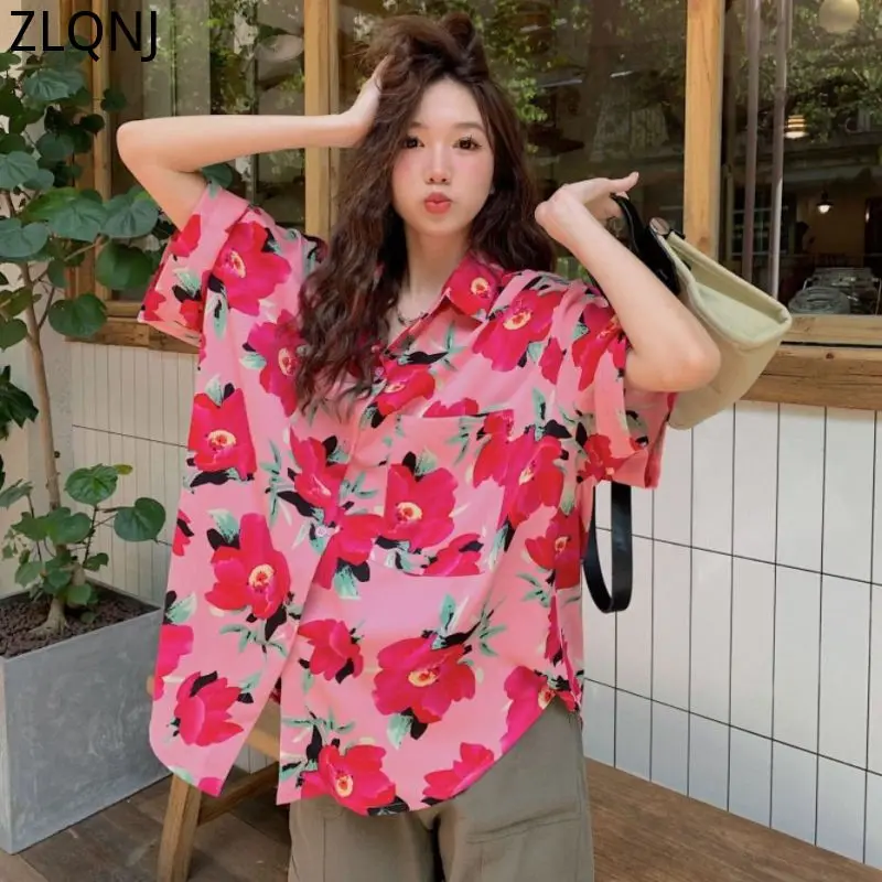 

Kawaii Girl Flower Print Shirts Women Harajuku Polo Collar Floral Short Sleeve Blouses Female Korean Casual Pink Hawaiian Shirt