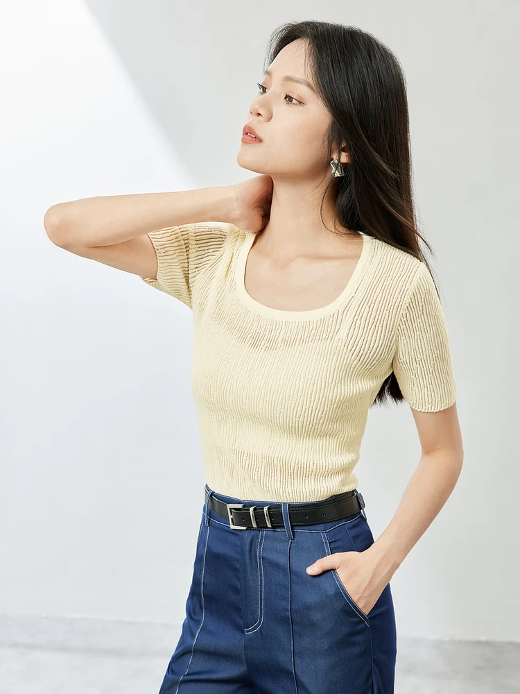SENTUBILA 여성용 심플 스퀘어 칼라 니트 풀오버, 가벼운 살구색 반팔..