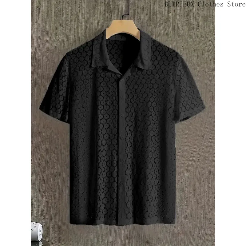 Camicia a maniche corte in pizzo moda uomo primavera/estate Party Club Camicia trasparente scavata sexy Abbigliamento da uomo casual da strada - immagine 4
