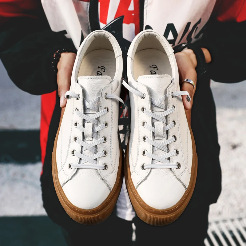 Men's leather sneakers, fashionable, comfortable, casual platform soles, oxford shoes, elastic board shoes, small white shoes