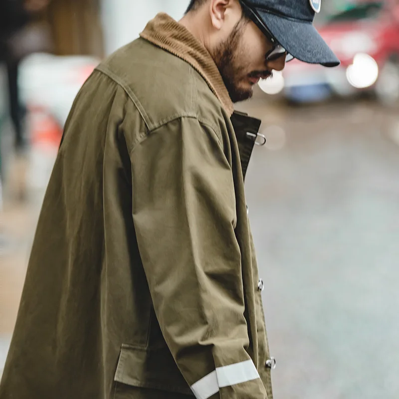 Trench Coat Casual Men Jacket Maden Vintage Corduroy Turn-down Trench Coat For Men Autumn Mid-length Loose-fit Outerwear Streetwear