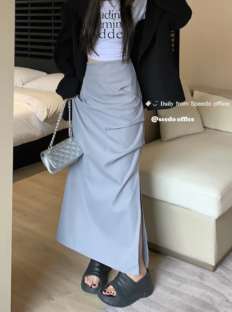 

High Waist Jupe Fashion Skirts for Women Folds Split Casual Summer Black Saia 2023 Faldas Mujer De Moda Korean Long Skirt
