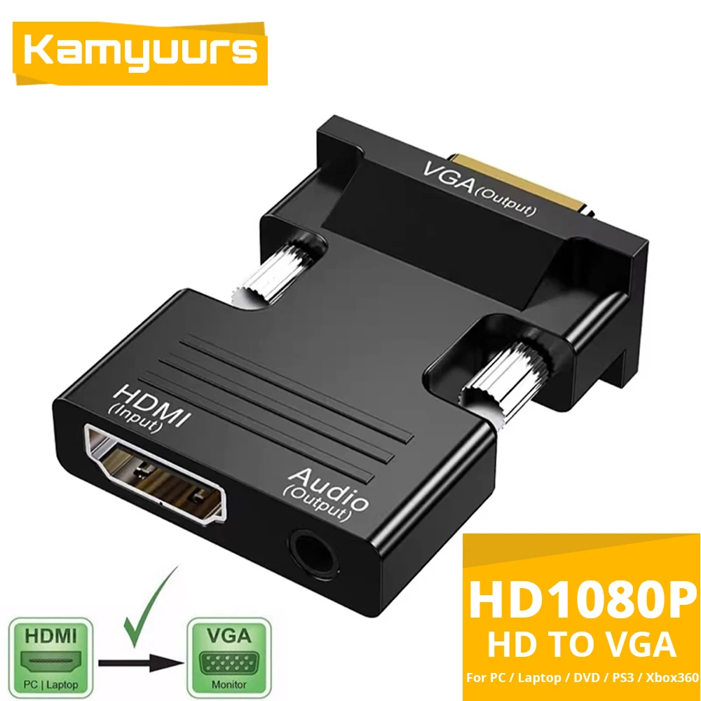 Адаптер HDMI-совместимый с женским и мужским разъемами VGA с аудиокабелем 3,5 мм для PS4 монитора проектора ПК ноутбука 1080P HD на VGA