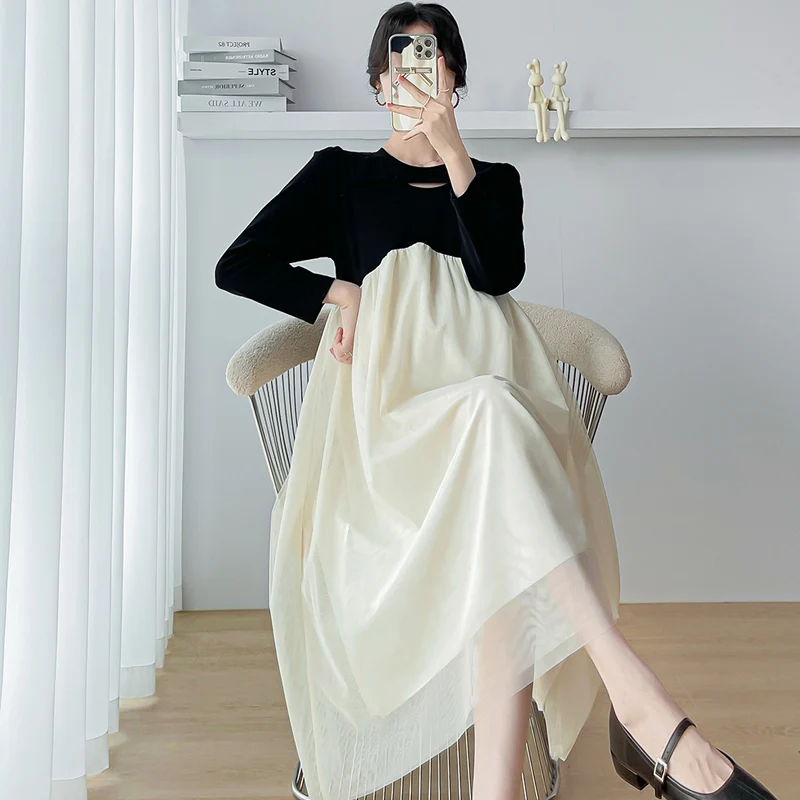

Fashion Maternity Autumn Chiffon Dress Ruffles Patchwork High Waist Block Color Pregnant Woman Chiffon Dress Princess Clothes