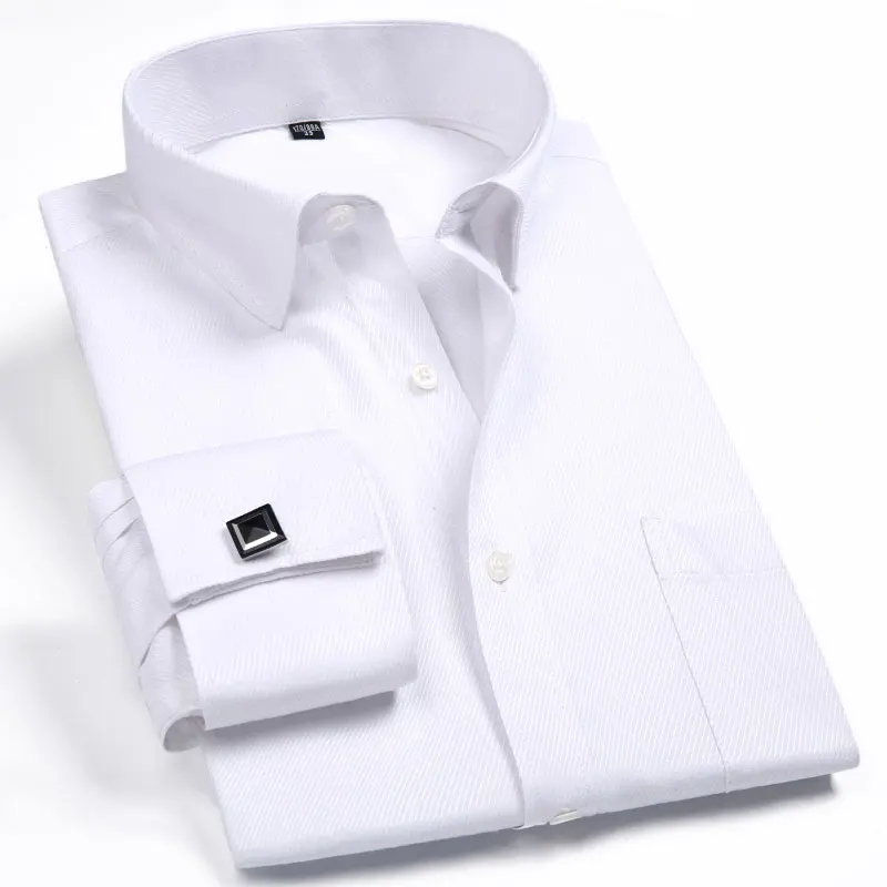 Dress Shirts Men Casual Shirts Fashion Mens French Cufflinks Dress Shirts Long Sleeve Yellow White Blue Social Business Regular Fit Wedding Party Shirt For Man
