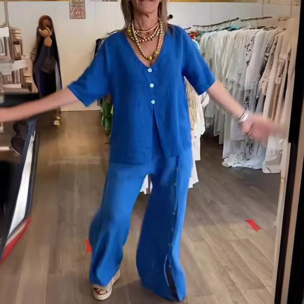 Women Two Piece V Neck Blouse and Wide Leg Pant Suits