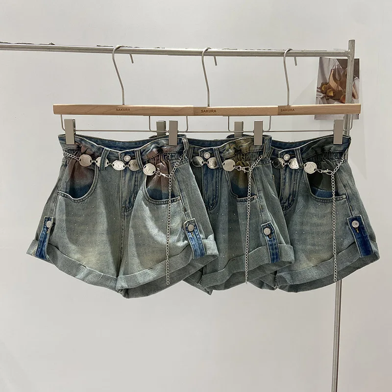 

Vintage Denim Shorts for Women Gradation Binding Chain Streetwear Designer A-line Pockets Beading Jean Short Summer Dropshipping