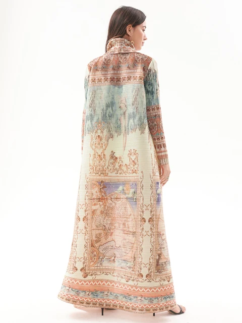 Miyake Pleated Turndown Collar Vintage Printed Long Sleeve Dress Women 2 Miyake Pleated Turndown Collar Vintage Printed Long Sleeve Dress Women 2