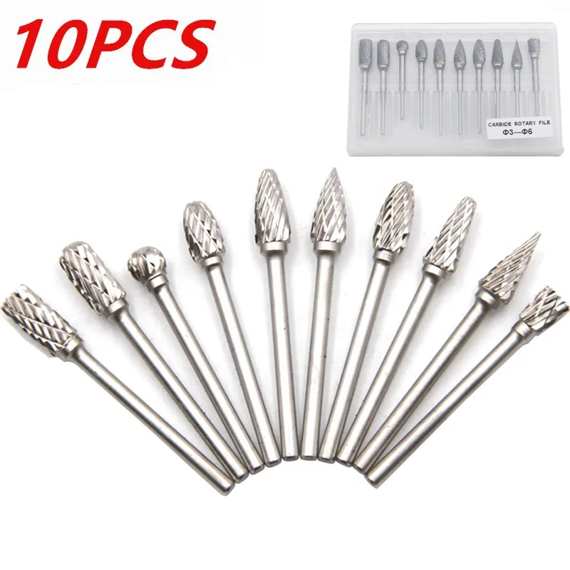 10pcs Tungsten Carbide Steel Burrs Rotary Files Metalworking Carving Tool Set Diameter Polishing Carving Hardware Hand  Tools
