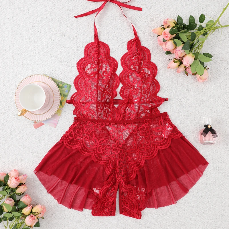 Crotchless Lace Women's See-through Sexy Lace-Up Bow Spliced Strap Jumpsuit Hollow Erotic Lingerie Bodysuit Shapewear Backless