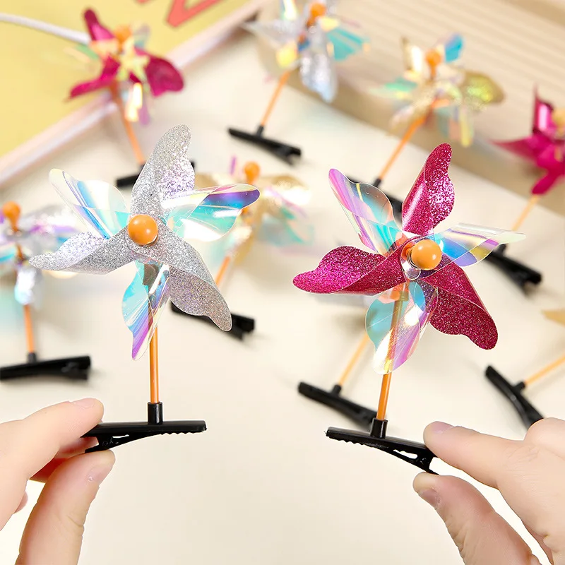 

5Pcs Children's Hair Accessories Cute 6 Leaf Pinwheel Hair Clip Laser Bright Pink Color Matching Hair Card Student Outing Gifts