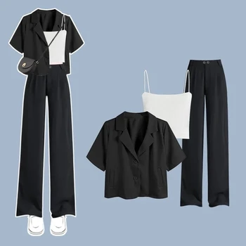 Women's Summer New Casual Black Short Sleeved Top+White Sling+suit Wide Leg Pants 3 Piece Korean Elegant Trousers Matching Set 1
