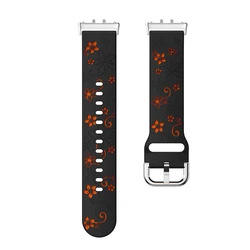 Floral Engraved Watch Band with Silver Rose Gold Metal Connector - Women's Replacement Wristband - Samsung galaxy fit3 (B Black Orange)