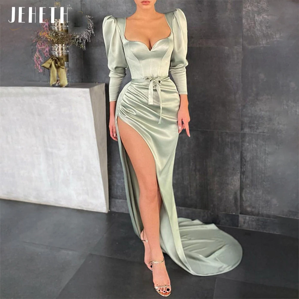 JEHETH Sexy Mint Green Puff Sleeves Side Slit Satin Evening Dresses Sweetheart Bow Belt Long Party Gowns Women robes de soirée red evening gowns