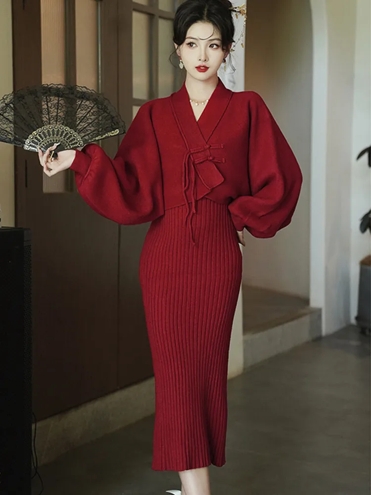 

Женское рождественское платье, вязаный Укороченный кардиган, топы, туника на бретельках, винтажные платья, комплекты, темпераментный костюм, шикарный корейский комплект из 2 предметов