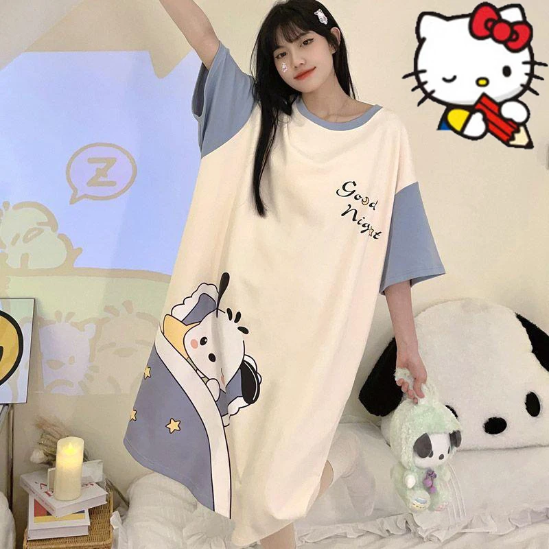 

Sanrio Hello Kitty Cinnamoroll My Melody Pachacco Kawaii Cartoon Pajamas Long Nightgown Cotton Girl Heart Dormitory Pajamas