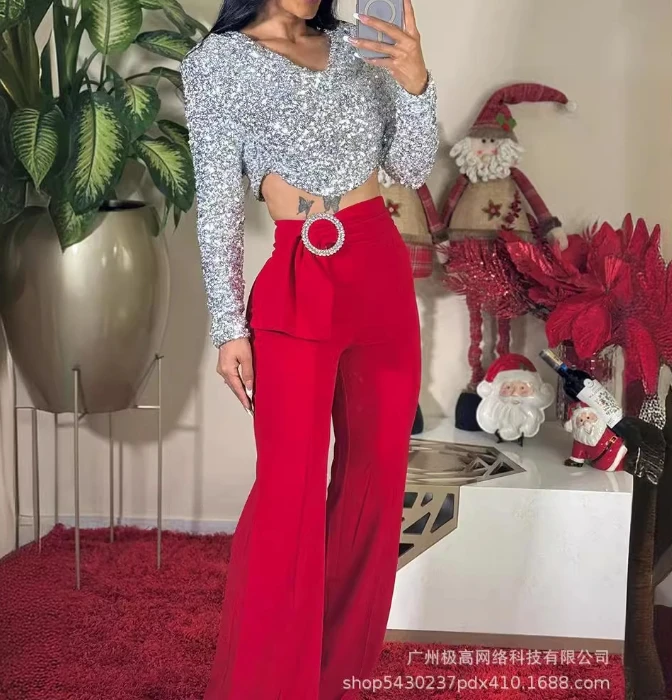 

Women's Urban Trousers 2024 Spring/summer Latest Solid Color Commuting Red Everyday Versatile Strap High Waist Wide Leg Pants