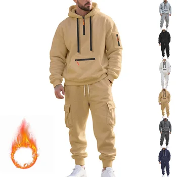New Men's Winter Thick Fleece-Lined Casual Sports Suit - Loose Fit Design, Half-Open Style Of Wearing, Two-Piece Workwear Style