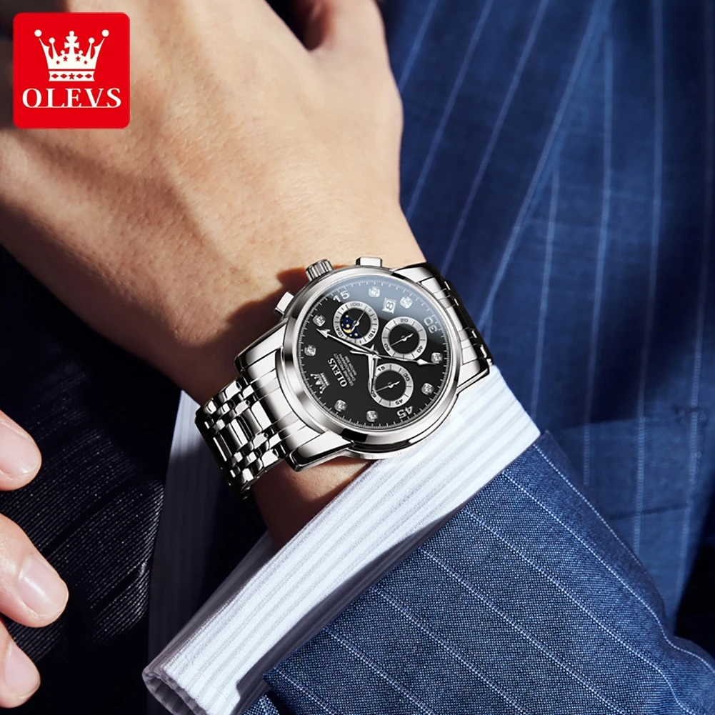 OLEVS 2889 Multi-function Waterproof Quartz Watch For Men Stainless Steel Strap Men Wristwatch Luminous Chronograph Watches Gift