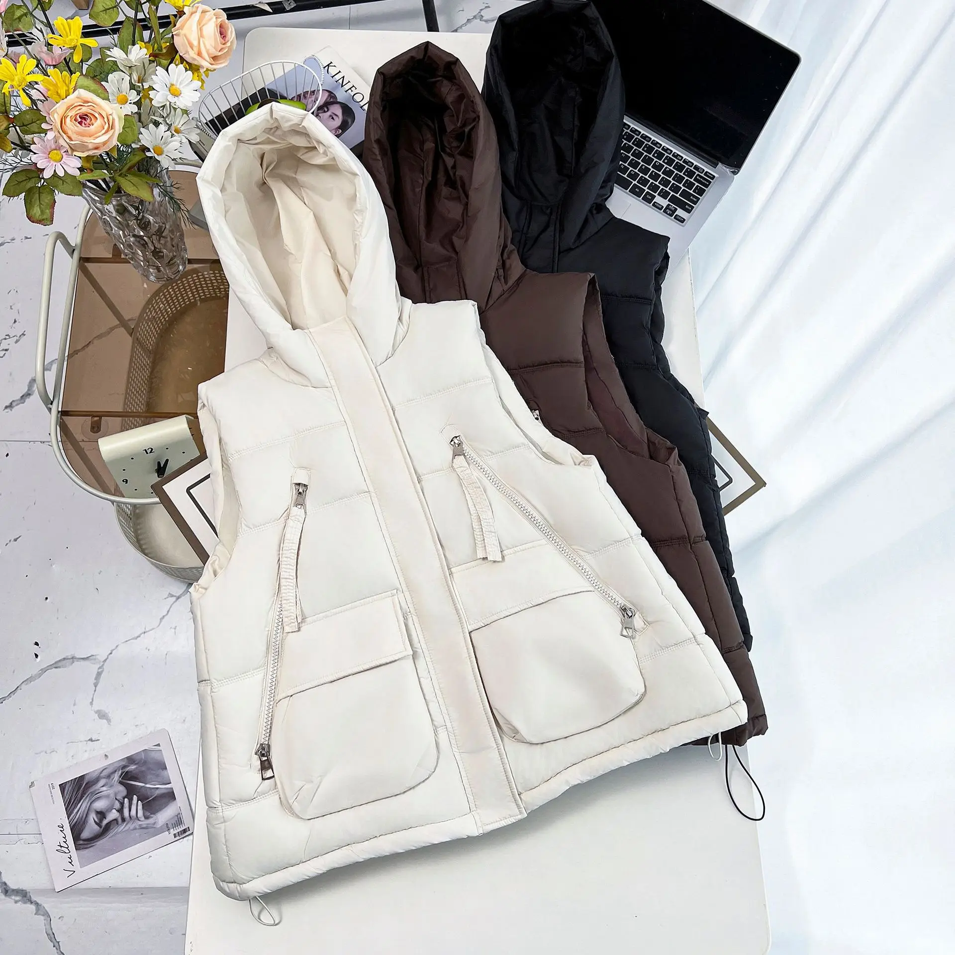 Plus Size Women Parka Winter New Loose Thick Warm Waistcoat Fashion Hooded Sleeveless Cotton-padded Vest 366