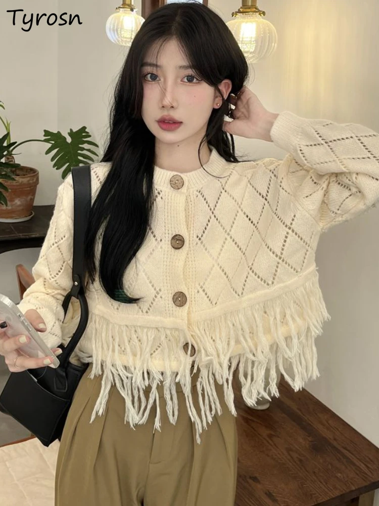 

Кардиган женский с бахромой, простой Универсальный нежный модный базовый ажурный свитер в Корейском стиле для студентов, ретро, осень