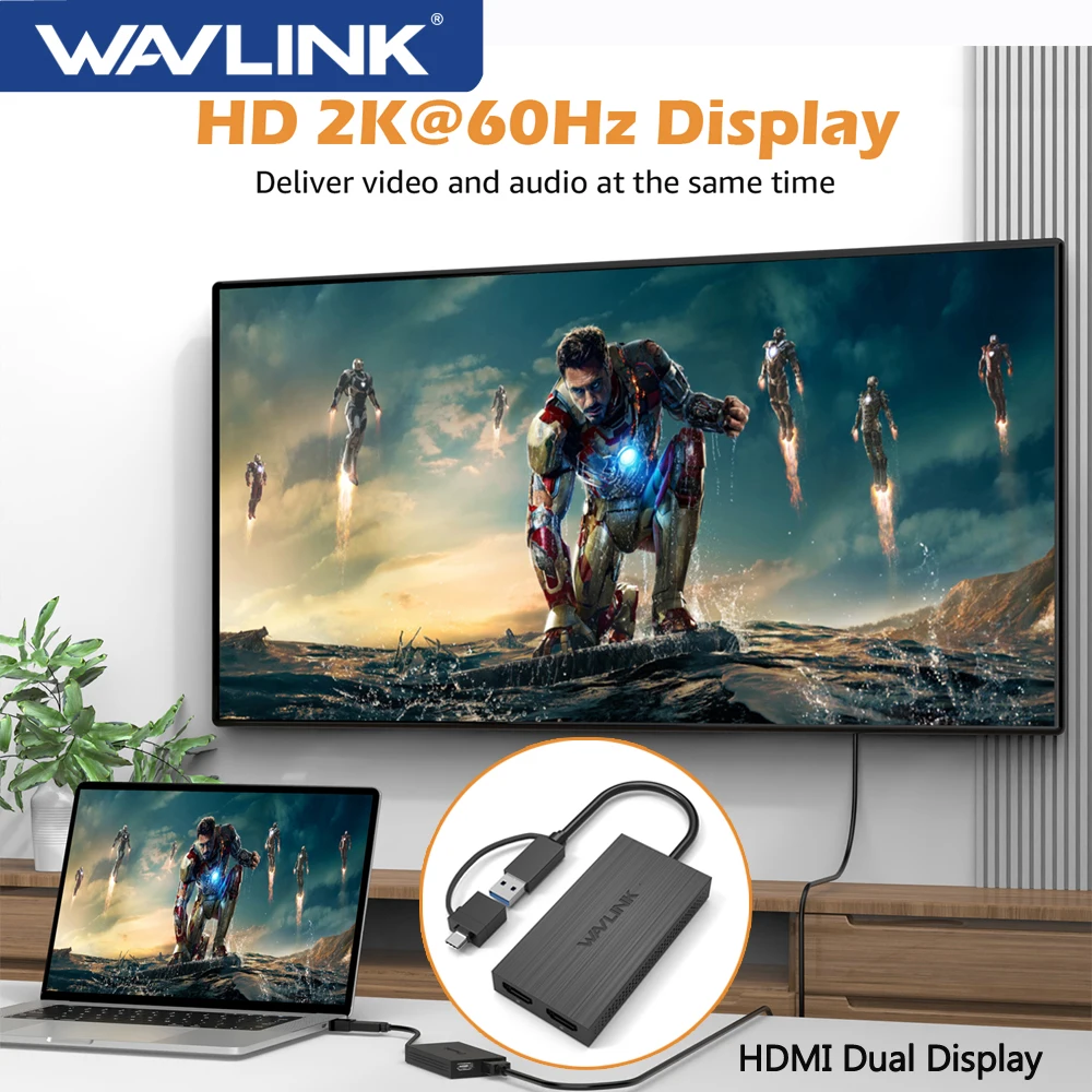 Wavlink Adattatore Da Usb 3.0 A Hdmi Compatibile Con Doppio Display 2K Usb A/Usb C A Hdmi Per Doppi Monitor 1080P @ 60Hz Per Windows Mac Os