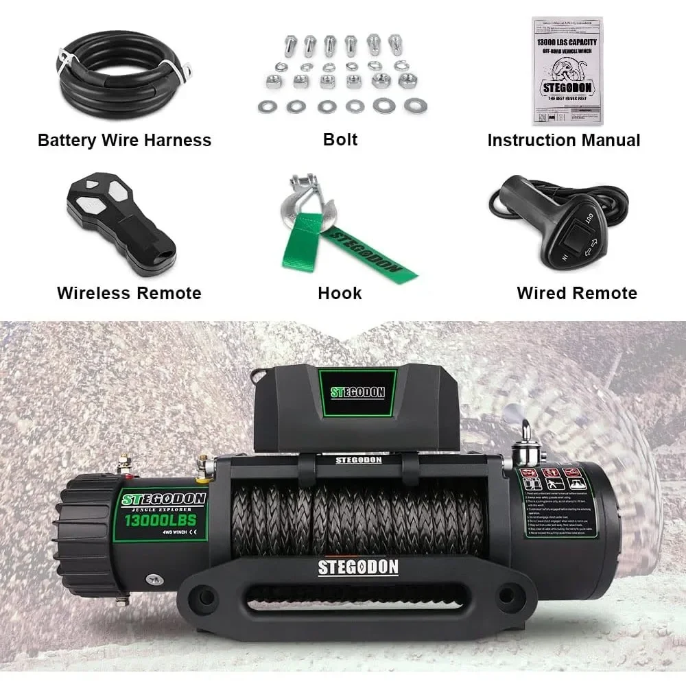 13000lb Electric 12V Waterproof Electric Synthetic Rope Winch with Wireless Handheld Remote and Corded