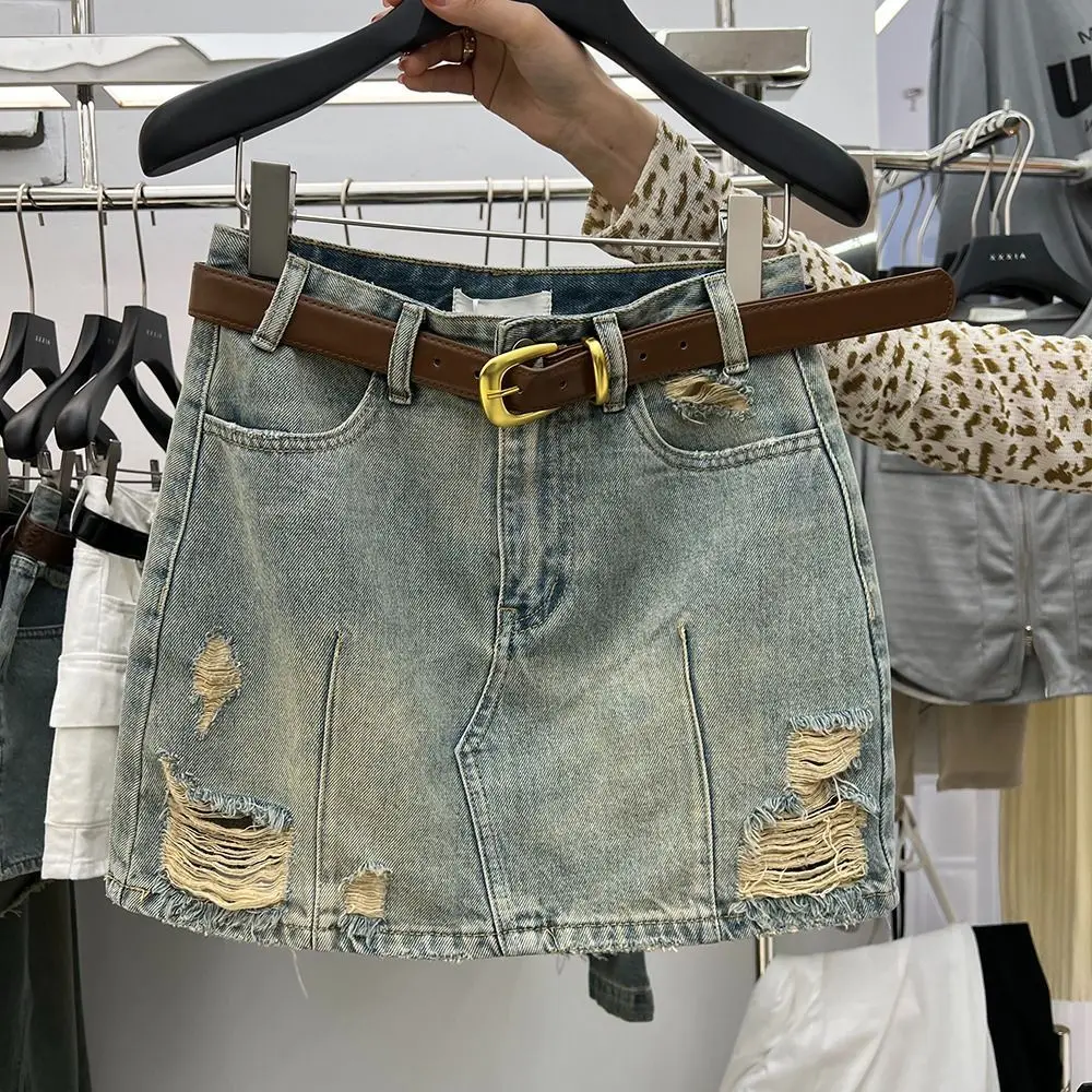

Broken holes, worn out light denim A-line skirt, new design for spring/summer 2023, high waisted skirt, short skirt