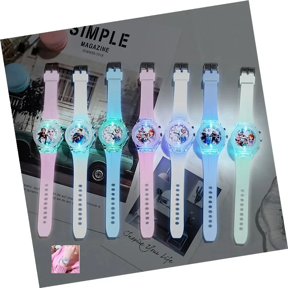 MINISO Disney Children Watch Frozen Princess Pattern Led Glowing Flash Fashion Kids Quartz Wristwatch Christmas Gifts 3