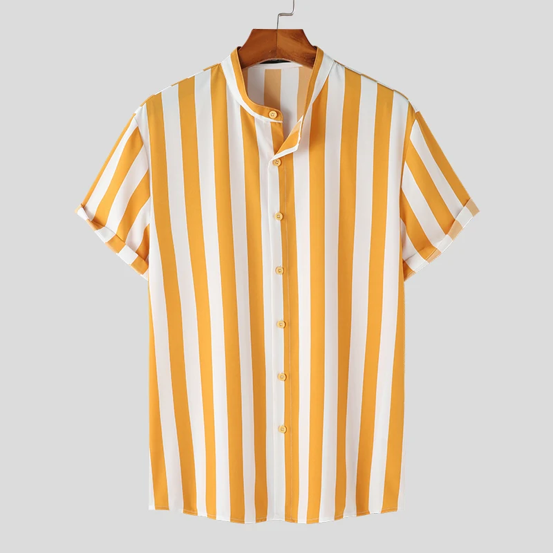 Casual Short Sleeved Shirt Short Sleeved Shirt Men Striped Stand Collar Short Sleeve Button Casual Shirt
