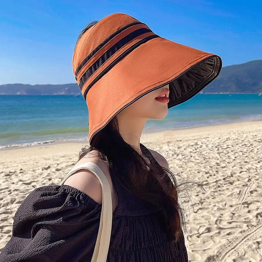 UPF50 + Sun Protection Vinyl Large Brim Striped Hollow Hat Ladies Outdoor UV Folding Sun Hat Beach Vacation