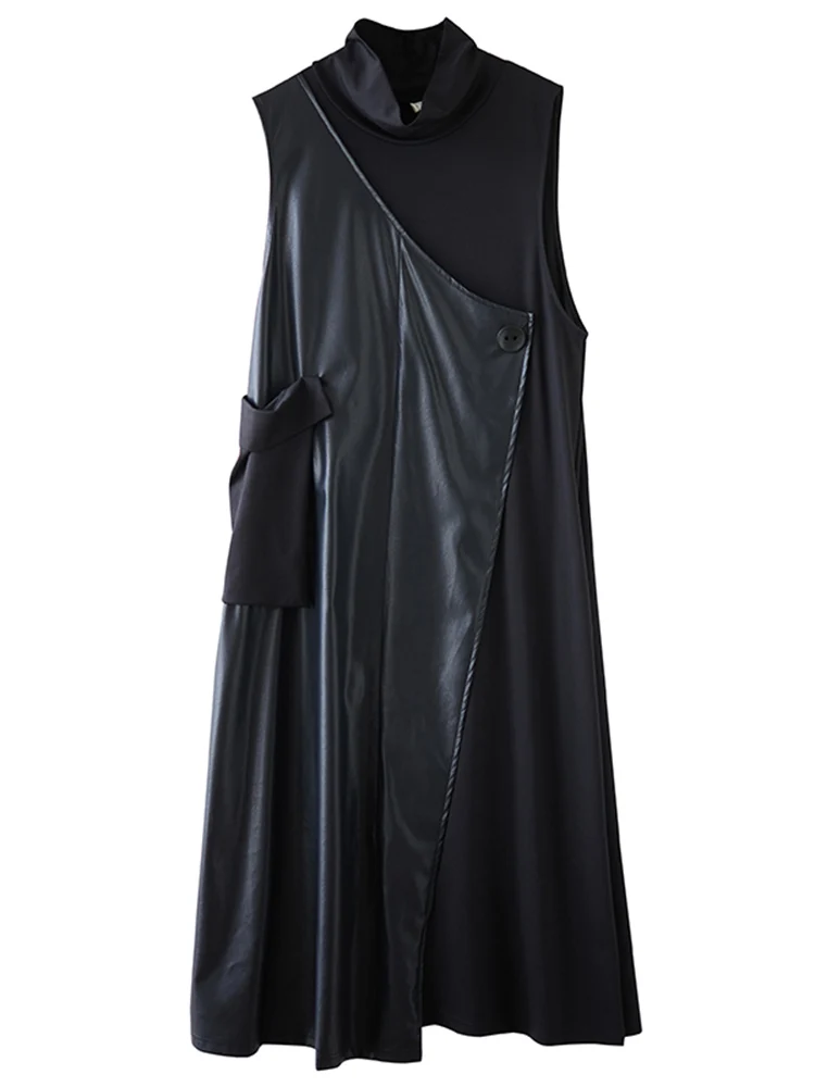 2025 Spring Autumn New Black Vintage Fashion Spliced PU Dresses For Women Turtleneck Sleeveless Loose Casual Midi Dress Clothing