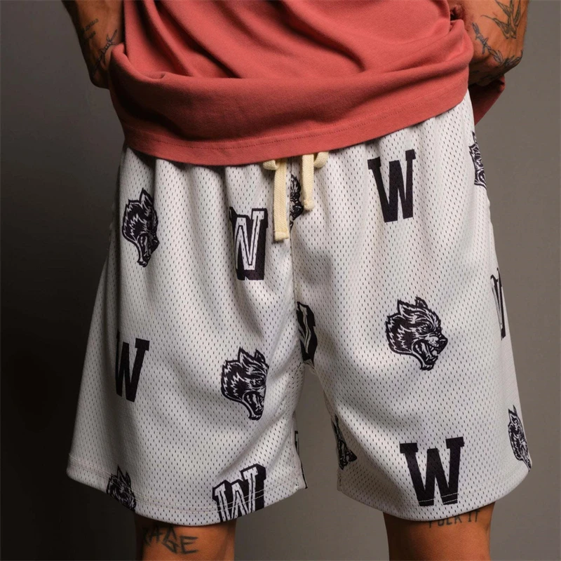 New summer men's casual pants printed letter Wolf head men's shorts five quarter pants mesh quick drying fitness exercise pants