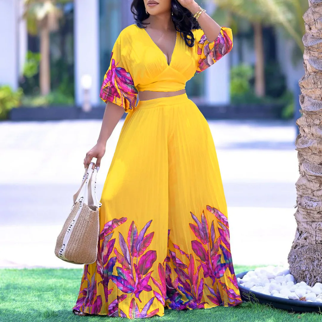 

Wepbel Printed Tshirt Top Summer 2 Piece Sets Outfits V-neck Blouse Top Women Trousers Sets Wide Leg Pants African Clothing