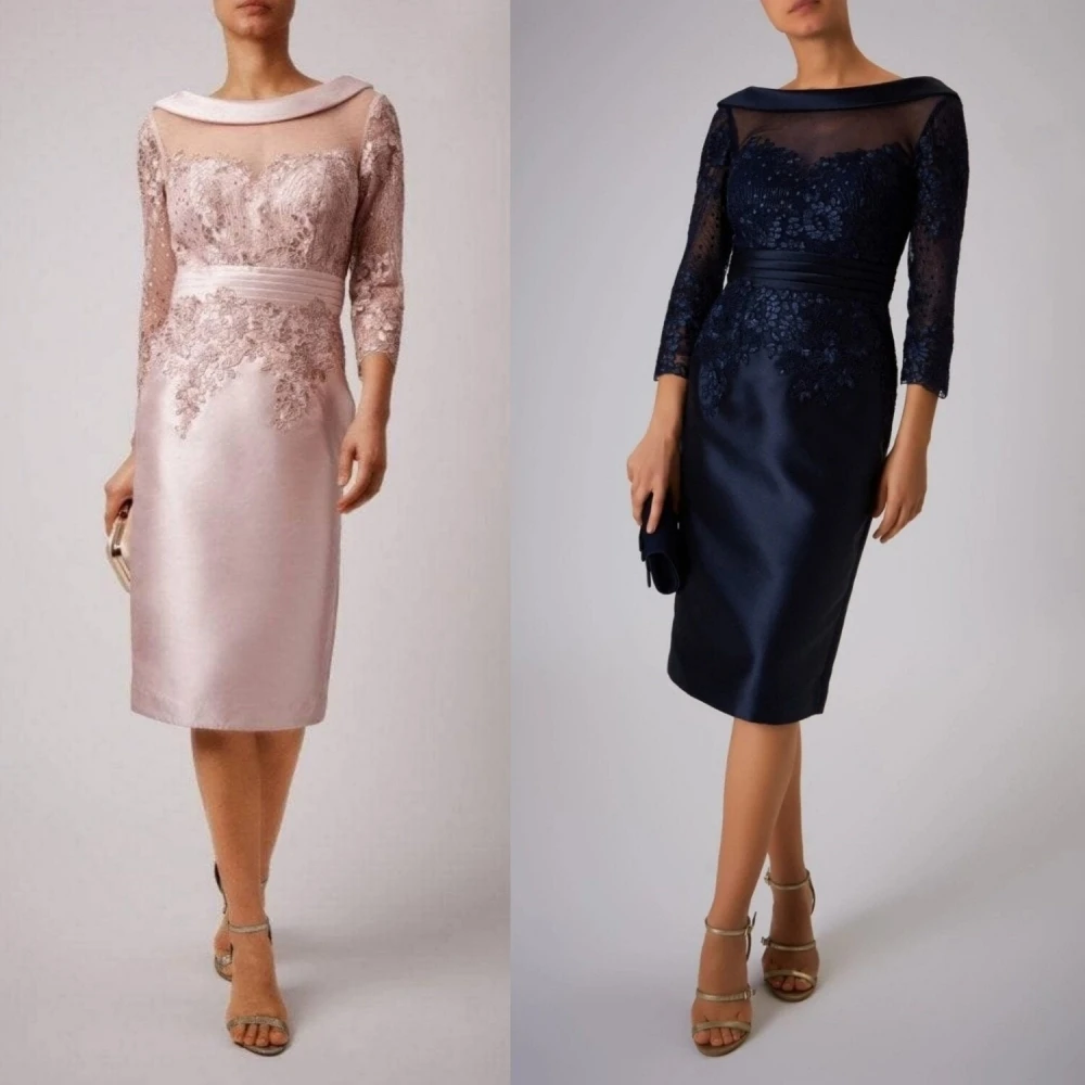 

Elegant Middle Aaged Women Gowns Straight O-Neck Fashion Dress Female Knee Length Mother Dresses Robes Invitée Mariage