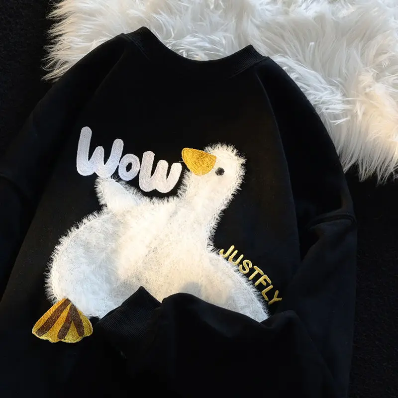 Sweatshirt Streetwear Baggy Pullover 2022 Autumn Funny Duck Cartoon Embroidery Sweat Shirt Harajuku Cotton Pullover Hip Hop