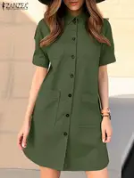 ZANZEA Elegant Women Knee-length Dress Short Sleeve 2024 Summer Button Up Work Vestido Fashion Turn-Down Collar Cargo Shirtdress - Image 2
