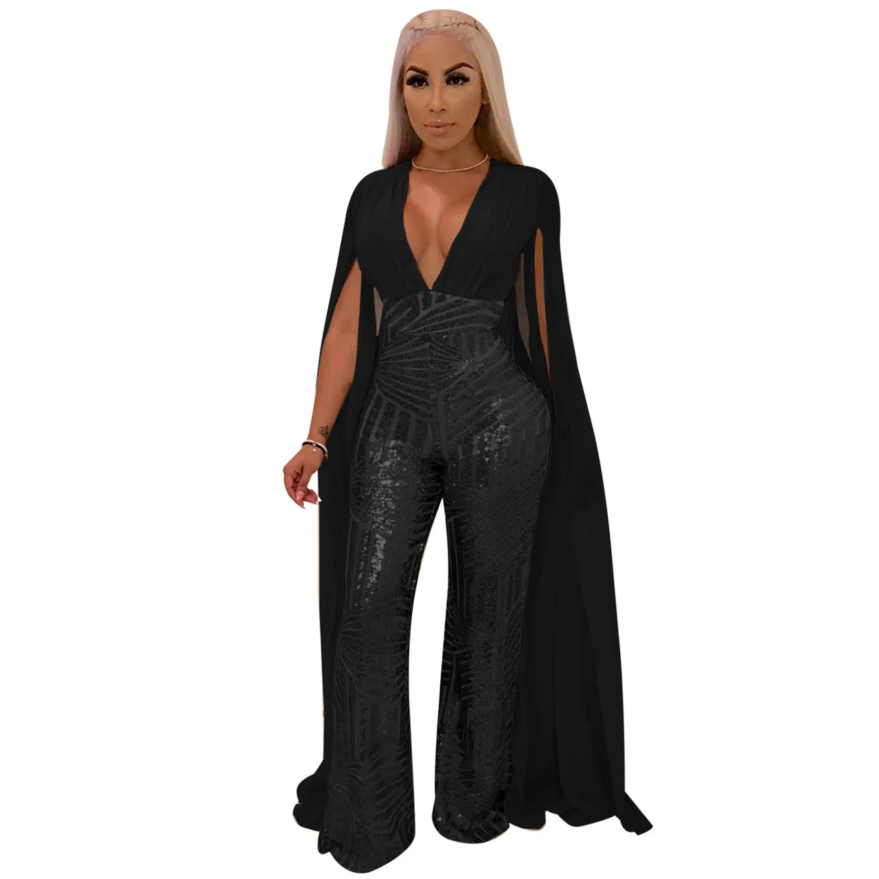 Women Hot Drilling Sequined Gold Cloak Night Party Bodycon Long Sleeve Open Back Luxurious V-neck Jumpsuits Sexy Club Rompers